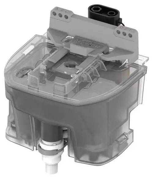 Transparente Pumpeneinheit von Keuco mit elektrischen Anschlüssen und Ventil. Geeignet für Anwendung im Bereich der Sanitärtechnik.